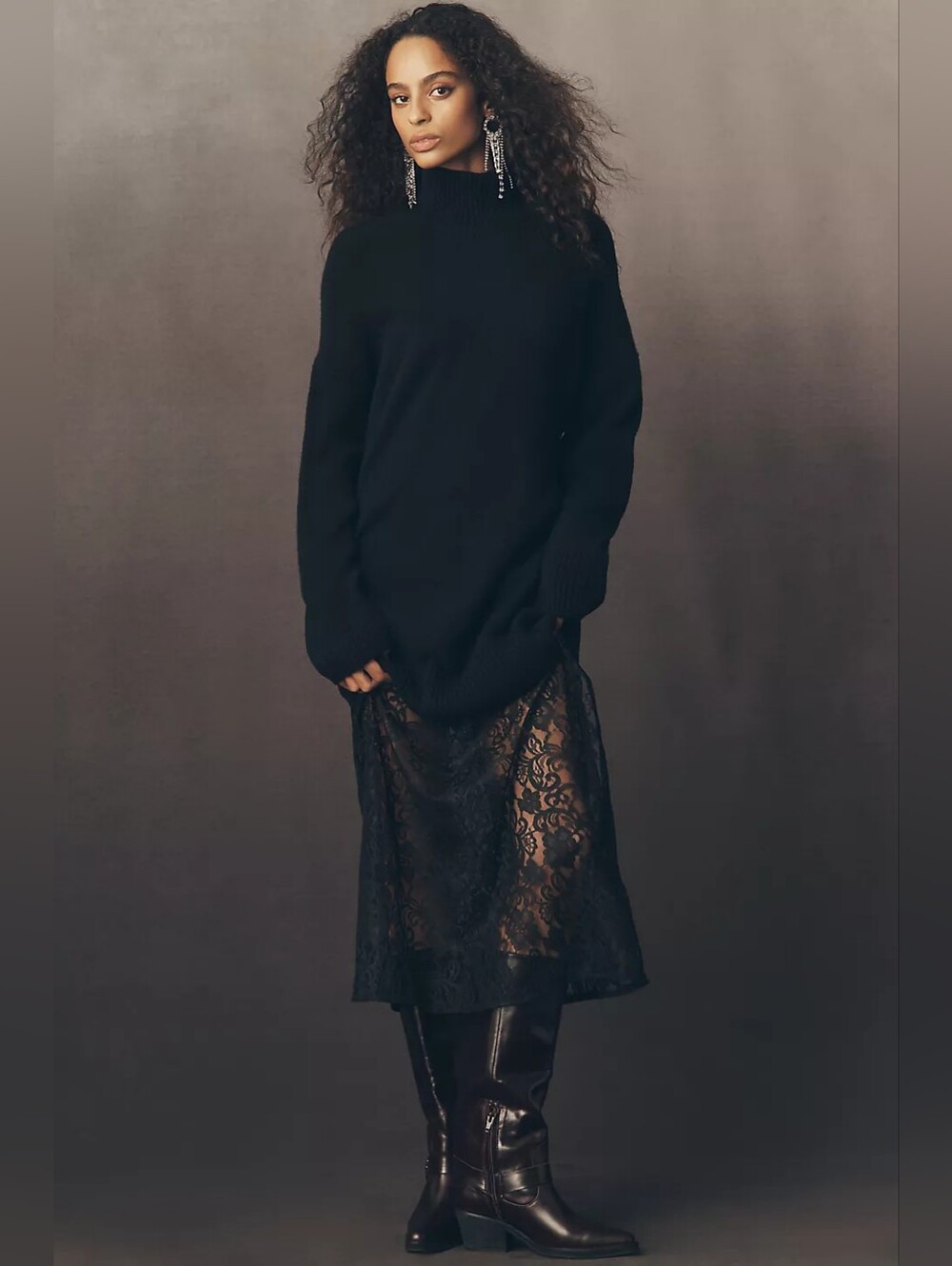 Anthropologie Twofer Black Oversized  Sweater With Lace Midi Dress